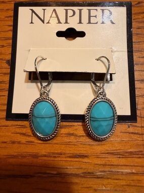 Napier Turquoise-Blue Oval Drop Earrings in Silver-Tone